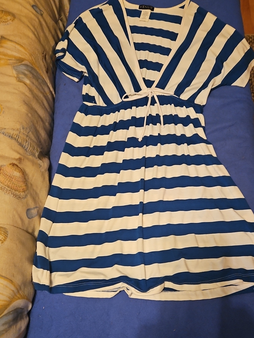 VENUS ⚓️  Navy and White Striped V-Neck Drawstring Dress~ Cover Up